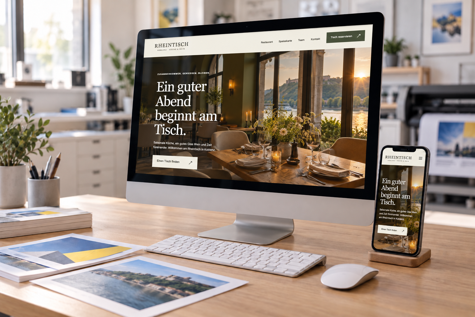 Unser Rheintisch-Webdesign auf Bildschirm und Smartphone