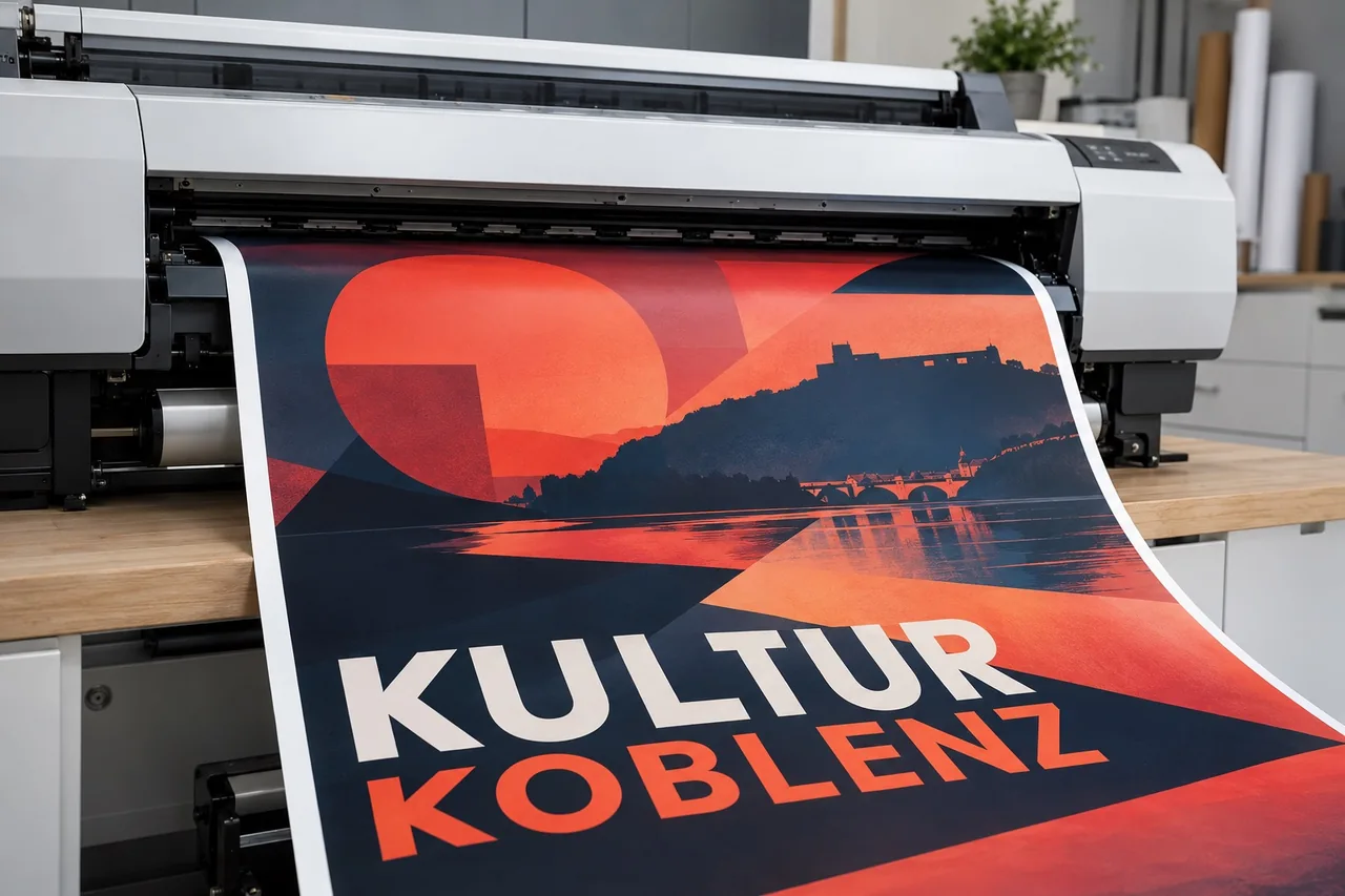 Großformatdrucker mit einem farbigen Veranstaltungsplakat