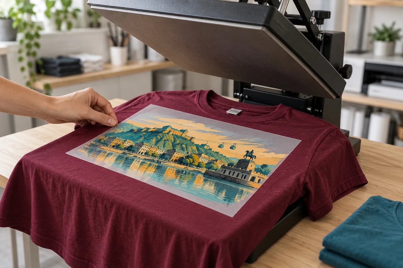 Transferpresse und bedrucktes bordeauxrotes T-Shirt